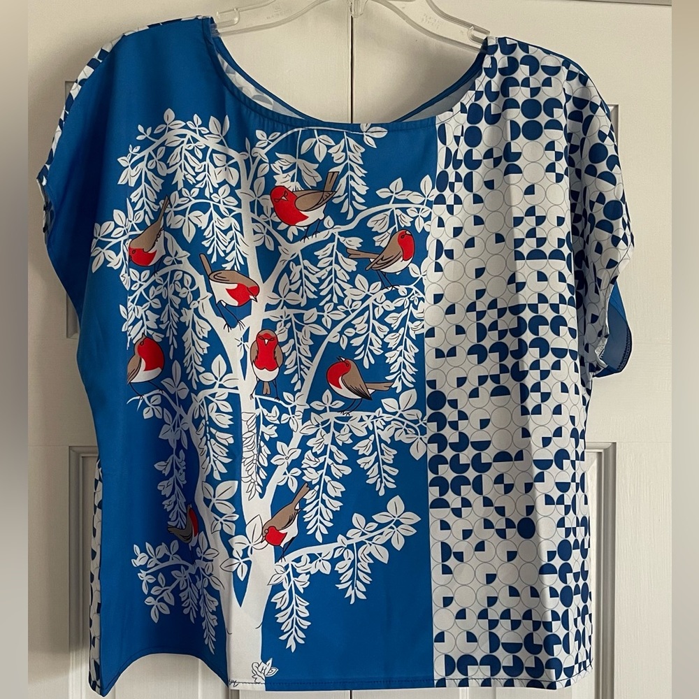 MISSLOOK Blue & White Blouse w/Red & Brown Birds & Geometric Shapes Size 3XL